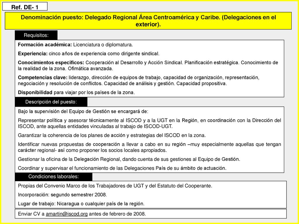 Ref. DE- 1 Denominación puesto: Delegado Regional Área Centroamérica y Caribe. (Delegaciones en el exterior).