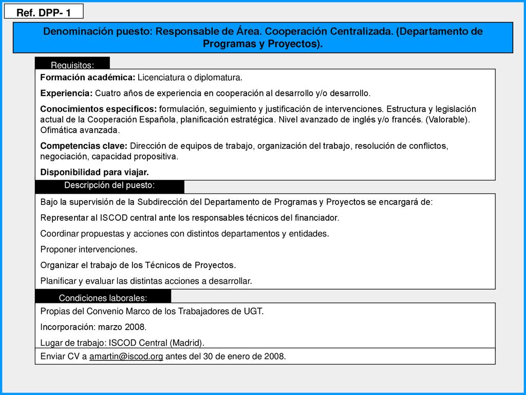 Ref. DPP- 1 Denominación puesto: Responsable de Área. Cooperación Centralizada. (Departamento de Programas y Proyectos).