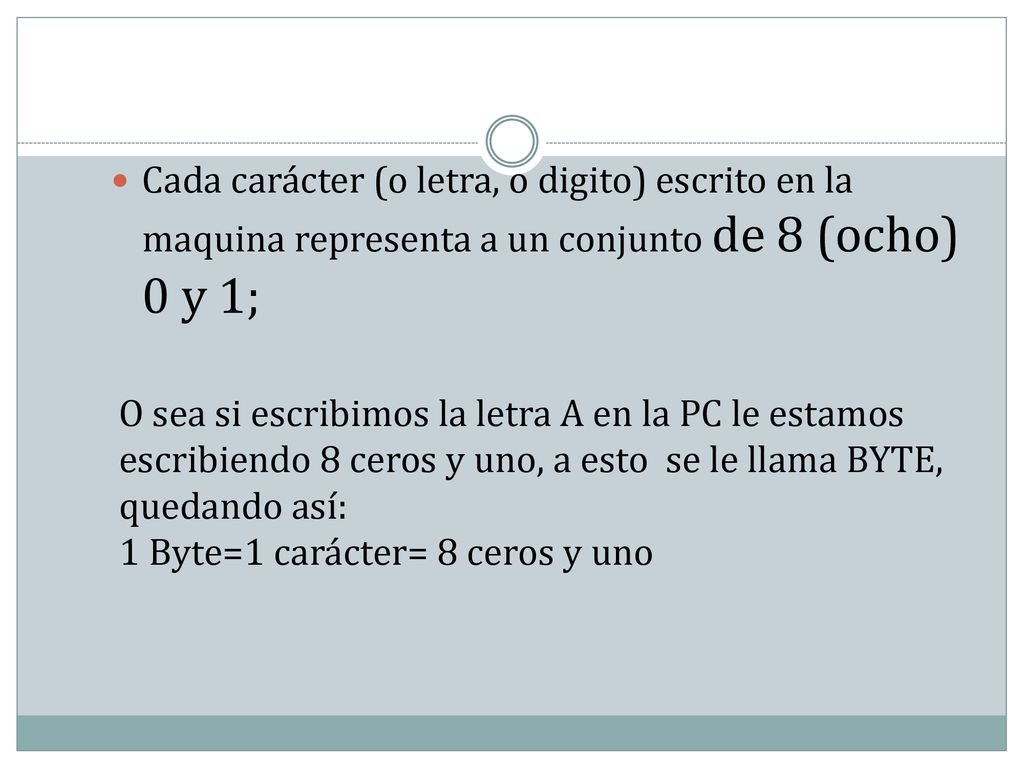 Cada carácter (o letra, o digito) escrito en la maquina representa a un conjunto de 8 (ocho) 0 y 1;