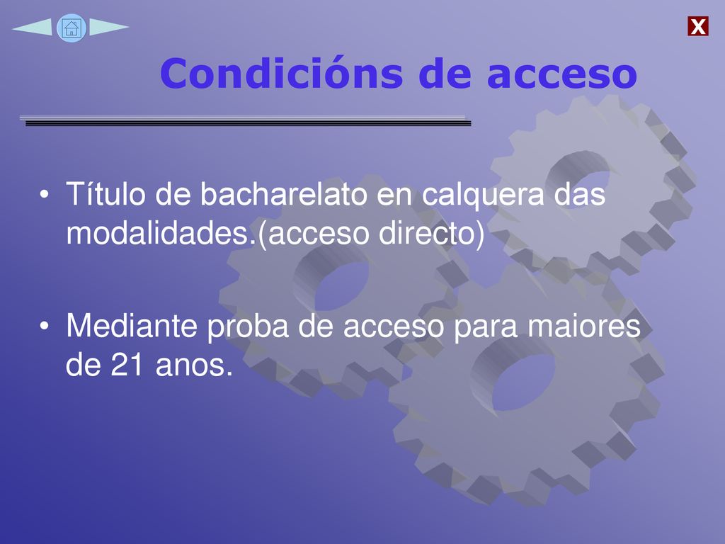 Condicións de acceso Título de bacharelato en calquera das modalidades.(acceso directo) Mediante proba de acceso para maiores de 21 anos.
