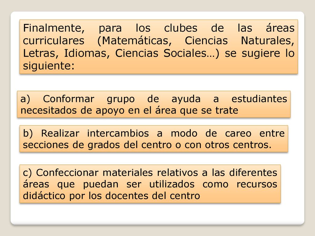 Finalmente, para los clubes de las áreas curriculares (Matemáticas, Ciencias Naturales, Letras, Idiomas, Ciencias Sociales…) se sugiere lo siguiente: