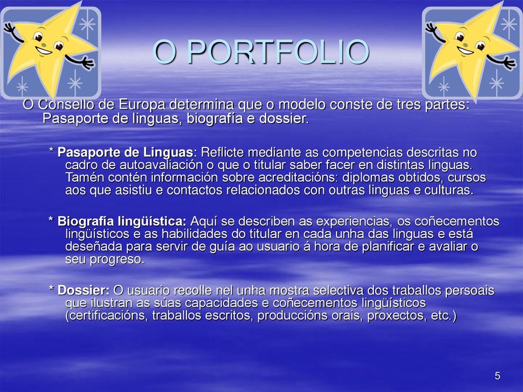 O PORTFOLIO O Consello de Europa determina que o modelo conste de tres partes: Pasaporte de linguas, biografía e dossier.
