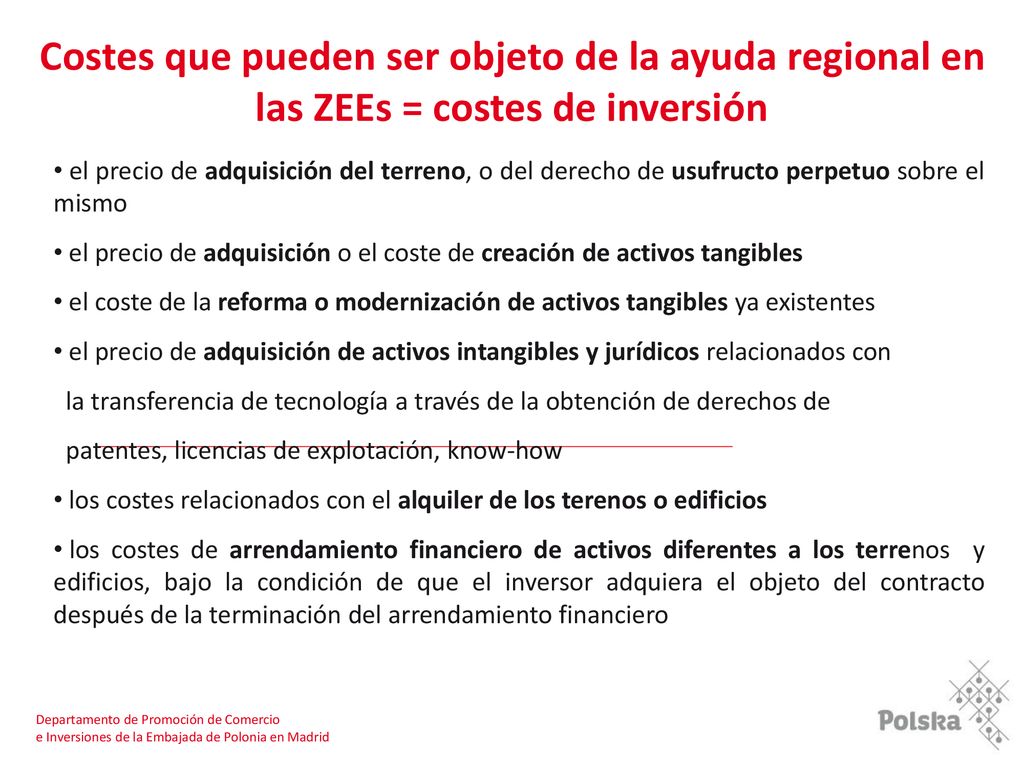 Costes que pueden ser objeto de la ayuda regional en las ZEEs = costes de inversión