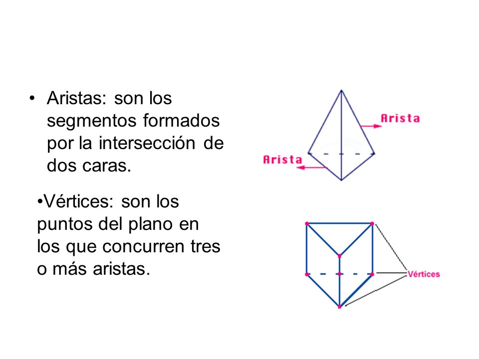 Aristas: son los segmentos formados por la intersección de dos caras.