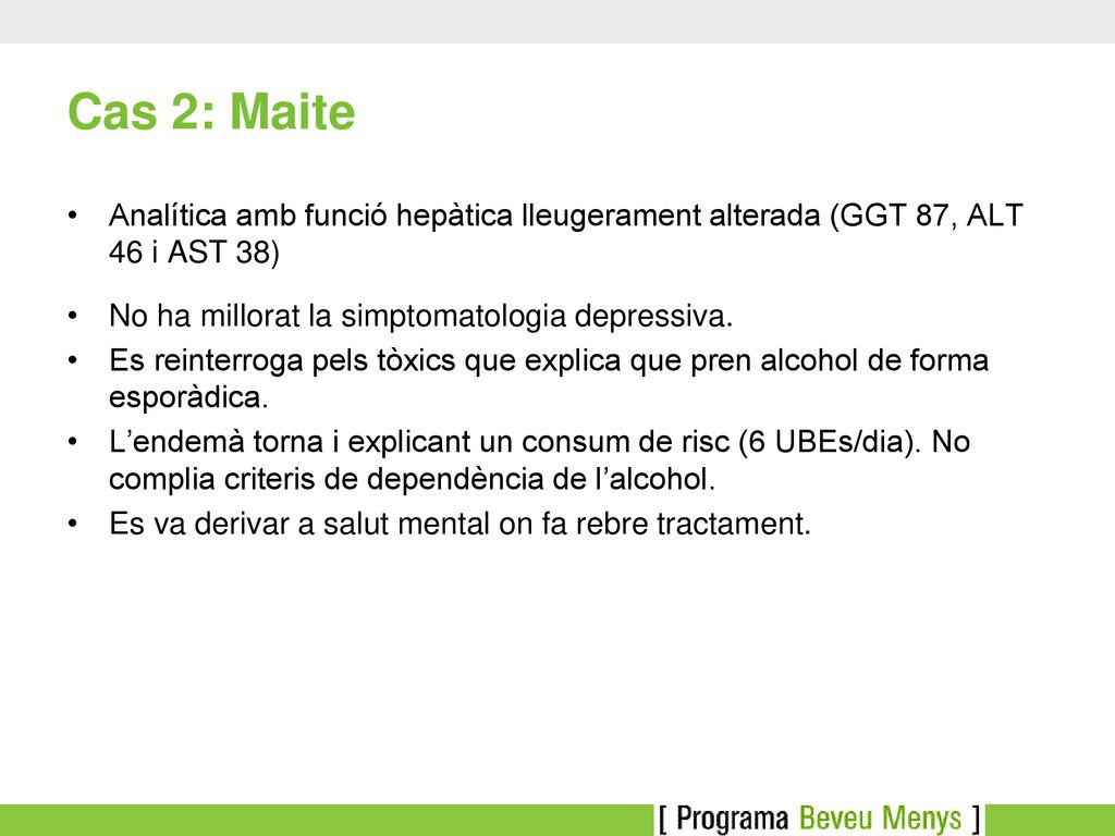Cas 2: Maite Analítica amb funció hepàtica lleugerament alterada (GGT 87, ALT 46 i AST 38) No ha millorat la simptomatologia depressiva.