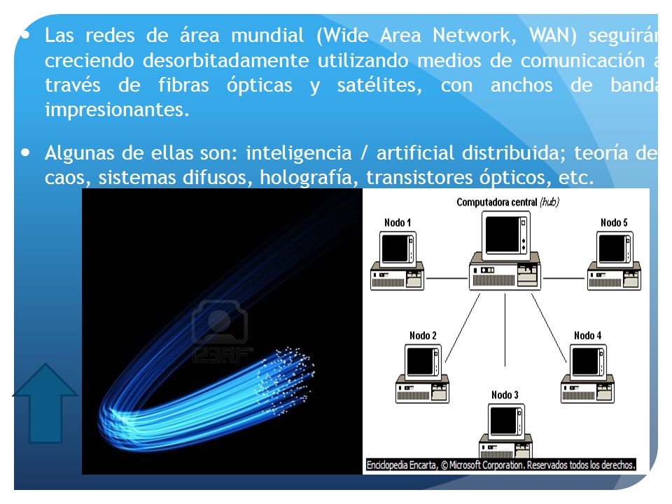Las redes de área mundial (Wide Area Network, WAN) seguirán creciendo desorbitadamente utilizando medios de comunicación a través de fibras ópticas y satélites, con anchos de banda impresionantes.