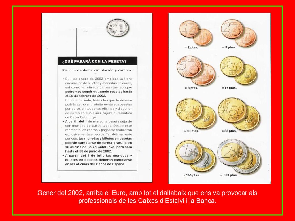 Gener del 2002, arriba el Euro, amb tot el daltabaix que ens va provocar als professionals de les Caixes d’Estalvi i la Banca.