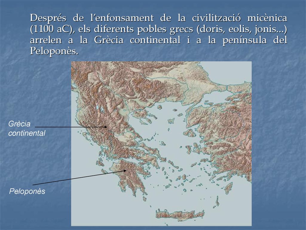 Després de l’enfonsament de la civilització micènica (1100 aC), els diferents pobles grecs (doris, eolis, jonis...) arrelen a la Grècia continental i a la península del Peloponès.