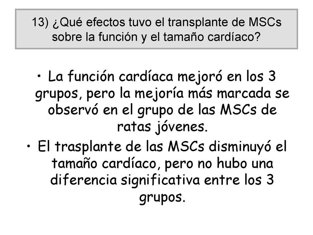 13) ¿Qué efectos tuvo el transplante de MSCs sobre la función y el tamaño cardíaco