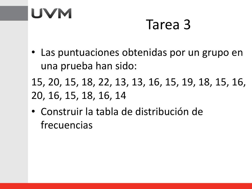 Tarea 3 Las puntuaciones obtenidas por un grupo en una prueba han sido: 15, 20, 15, 18, 22, 13, 13, 16, 15, 19, 18, 15, 16, 20, 16, 15, 18, 16, 14.