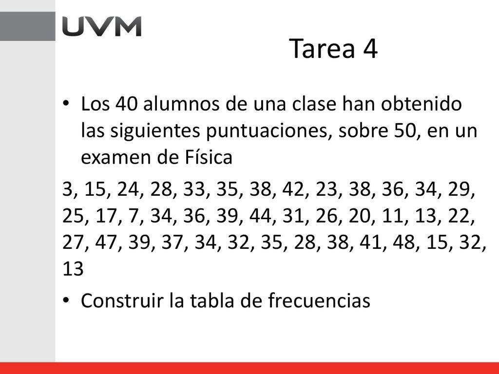 Tarea 4 Los 40 alumnos de una clase han obtenido las siguientes puntuaciones, sobre 50, en un examen de Física.