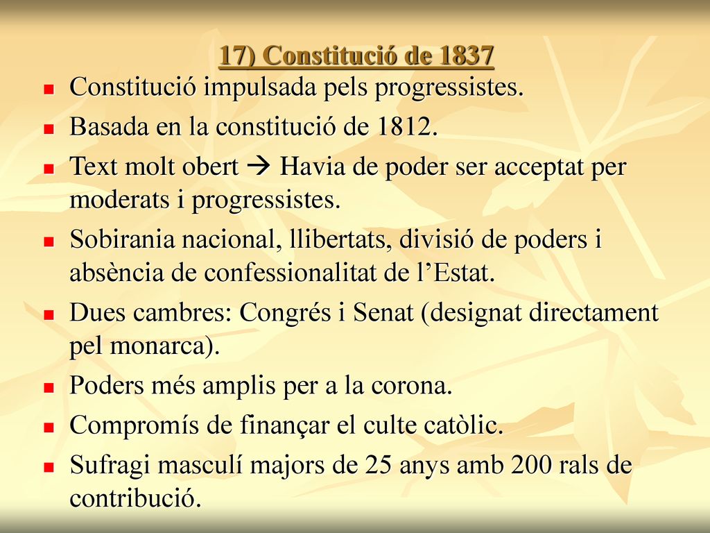 17) Constitució de 1837 Constitució impulsada pels progressistes. Basada en la constitució de