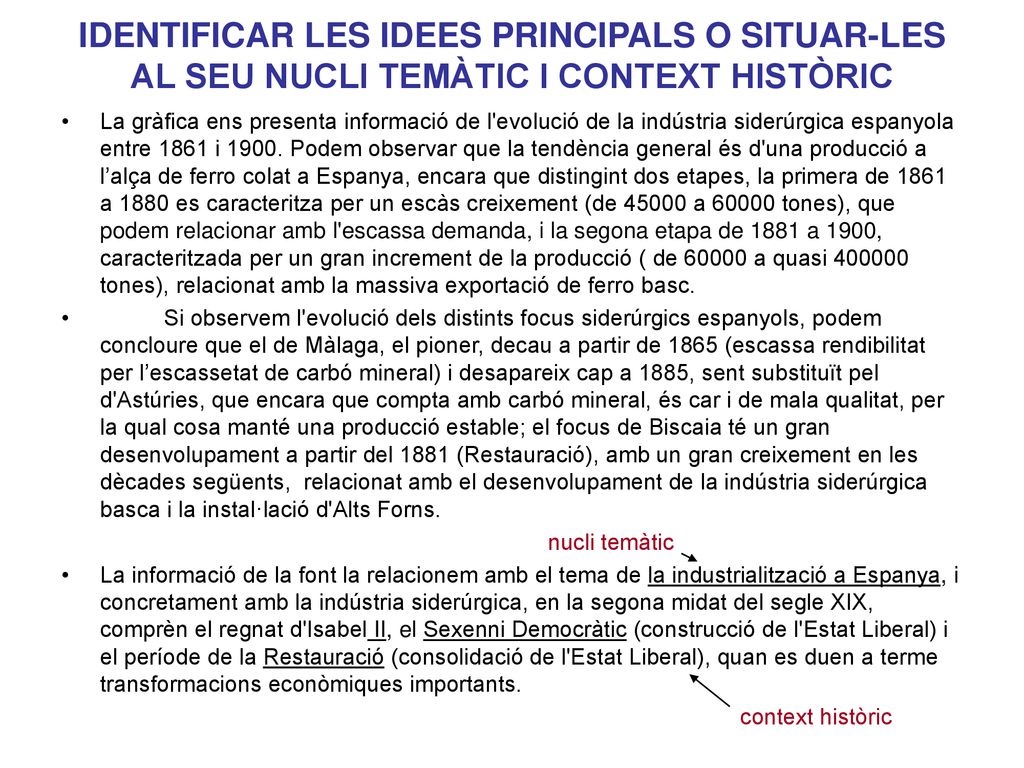 IDENTIFICAR LES IDEES PRINCIPALS O SITUAR-LES AL SEU NUCLI TEMÀTIC I CONTEXT HISTÒRIC