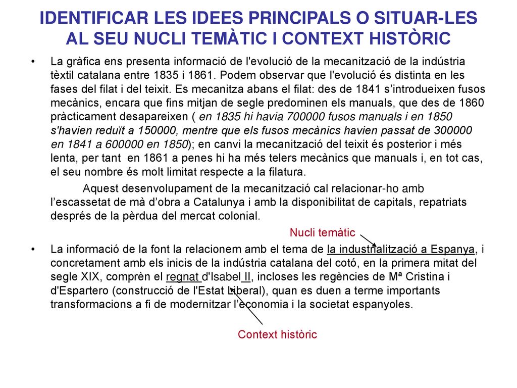 IDENTIFICAR LES IDEES PRINCIPALS O SITUAR-LES AL SEU NUCLI TEMÀTIC I CONTEXT HISTÒRIC