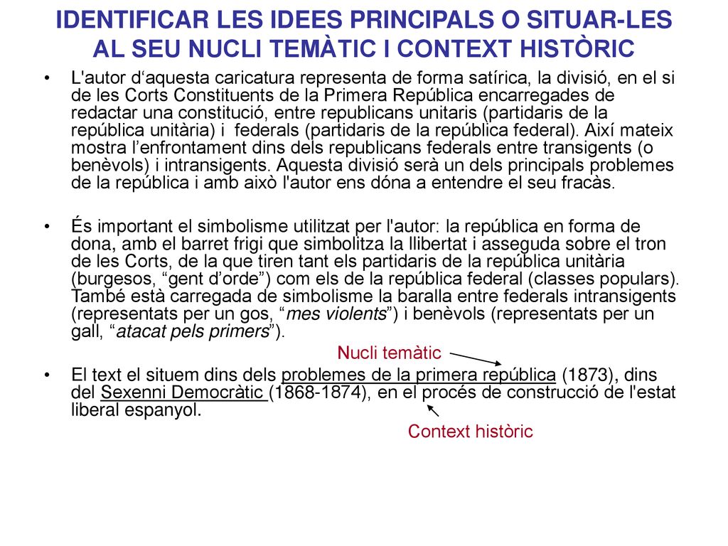 IDENTIFICAR LES IDEES PRINCIPALS O SITUAR-LES AL SEU NUCLI TEMÀTIC I CONTEXT HISTÒRIC