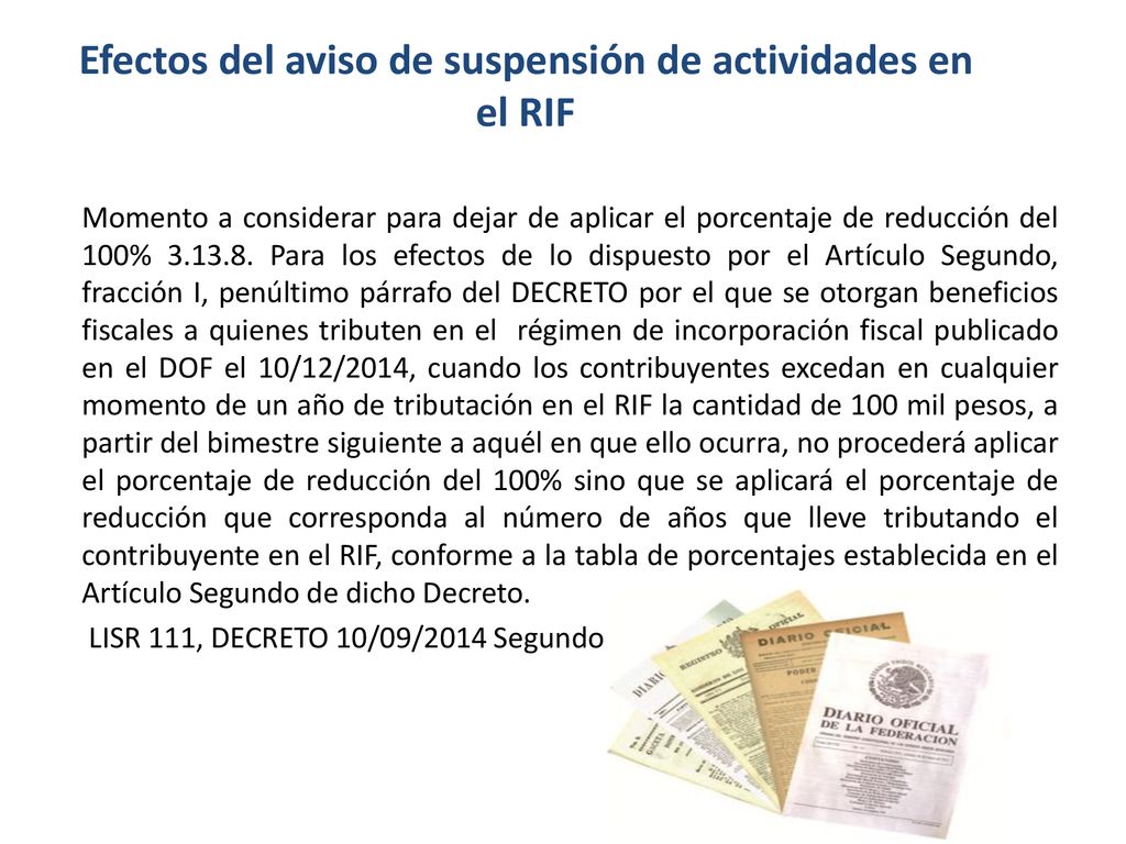 Efectos del aviso de suspensión de actividades en el RIF