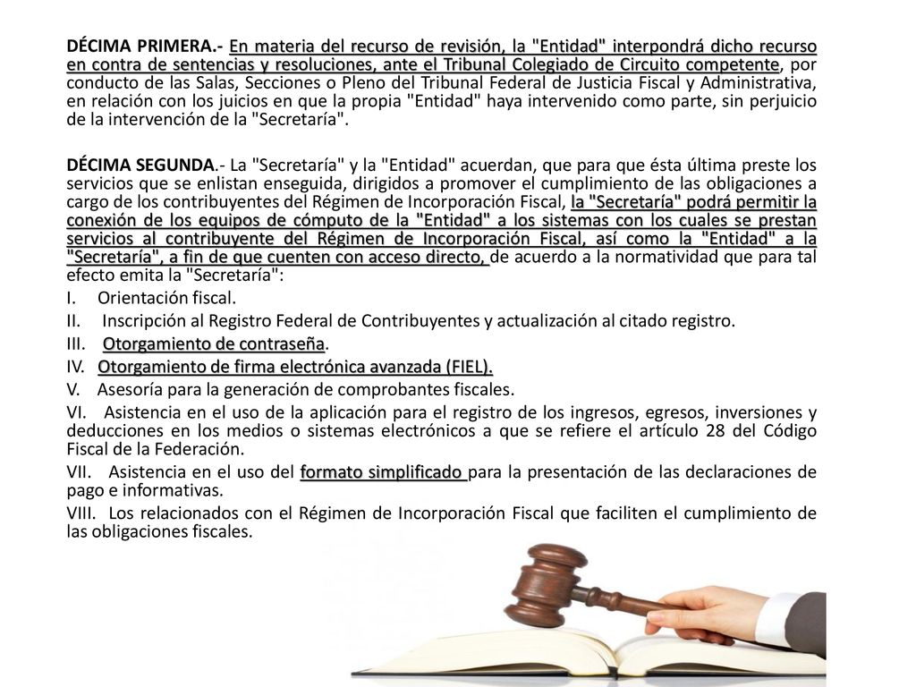 DÉCIMA PRIMERA.- En materia del recurso de revisión, la Entidad interpondrá dicho recurso en contra de sentencias y resoluciones, ante el Tribunal Colegiado de Circuito competente, por conducto de las Salas, Secciones o Pleno del Tribunal Federal de Justicia Fiscal y Administrativa, en relación con los juicios en que la propia Entidad haya intervenido como parte, sin perjuicio de la intervención de la Secretaría .