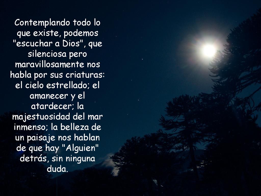 Contemplando todo lo que existe, podemos escuchar a Dios , que silenciosa pero maravillosamente nos habla por sus criaturas: el cielo estrellado; el amanecer y el atardecer; la majestuosidad del mar inmenso; la belleza de un paisaje nos hablan de que hay Alguien detrás, sin ninguna duda.
