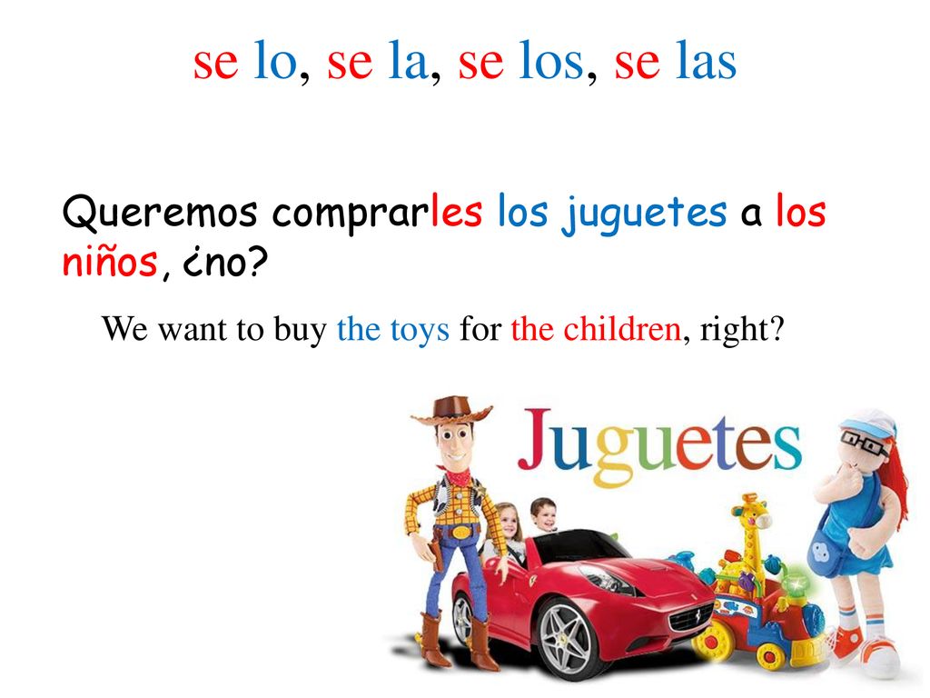 se lo, se la, se los, se las Queremos comprarles los juguetes a los niños, ¿no.
