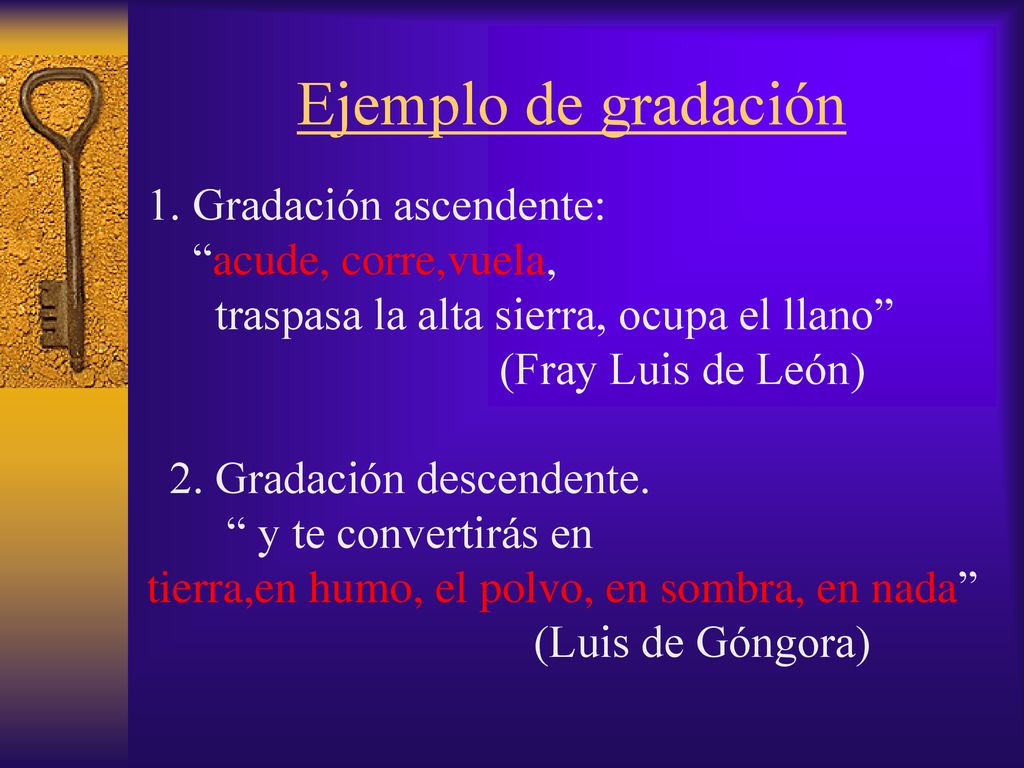Ejemplo de gradación 1. Gradación ascendente: acude, corre,vuela,