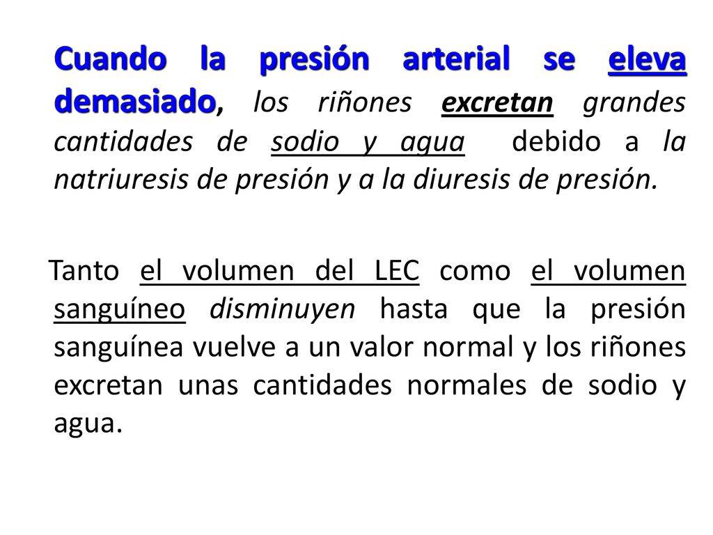 Cuando la presión arterial se eleva demasiado, los riñones excretan grandes cantidades de sodio y agua debido a la natriuresis de presión y a la diuresis de presión.