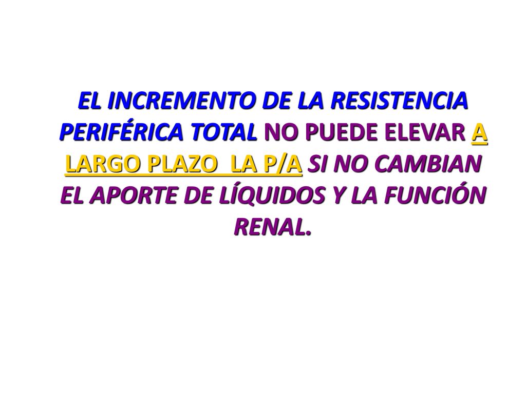EL INCREMENTO DE LA RESISTENCIA PERIFÉRICA TOTAL NO PUEDE ELEVAR A LARGO PLAZO LA P/A SI NO CAMBIAN EL APORTE DE LÍQUIDOS Y LA FUNCIÓN RENAL.