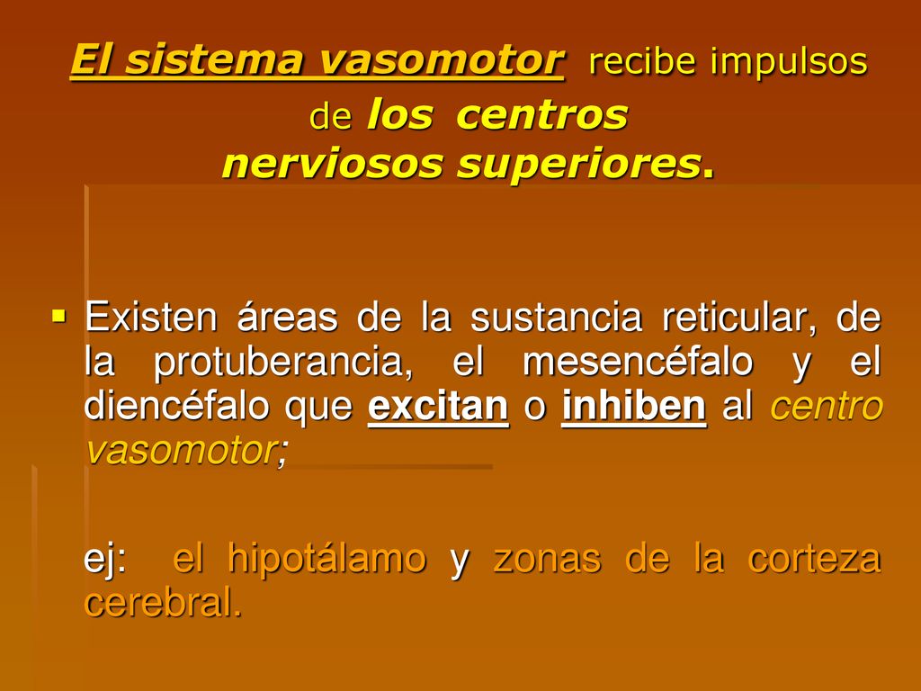 El sistema vasomotor recibe impulsos de los centros nerviosos superiores.
