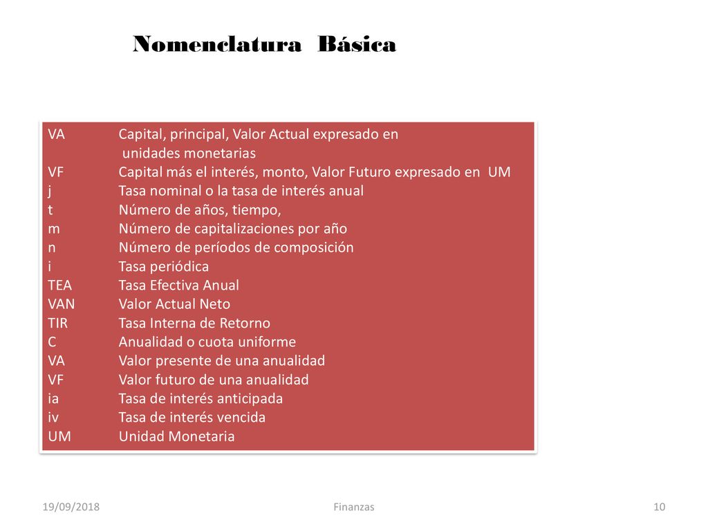 Nomenclatura Básica VA Capital, principal, Valor Actual expresado en