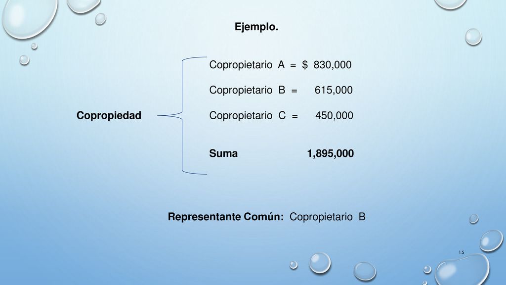 Ejemplo. Copropietario A = $ 830,000. Copropietario B = 615,000. Copropiedad Copropietario C = 450,000.