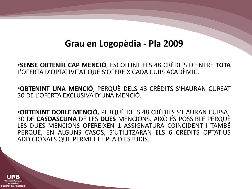 Grau en Logopèdia - Pla 2009 SENSE OBTENIR CAP MENCIÓ, ESCOLLINT ELS 48 CRÈDITS D’ENTRE TOTA L’OFERTA D’OPTATIVITAT QUE S’OFEREIX CADA CURS ACADÈMIC.