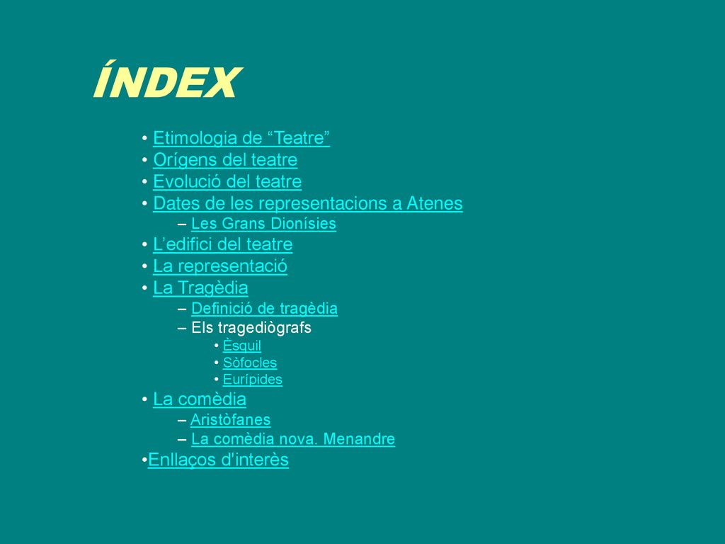 ÍNDEX Etimologia de Teatre Orígens del teatre Evolució del teatre