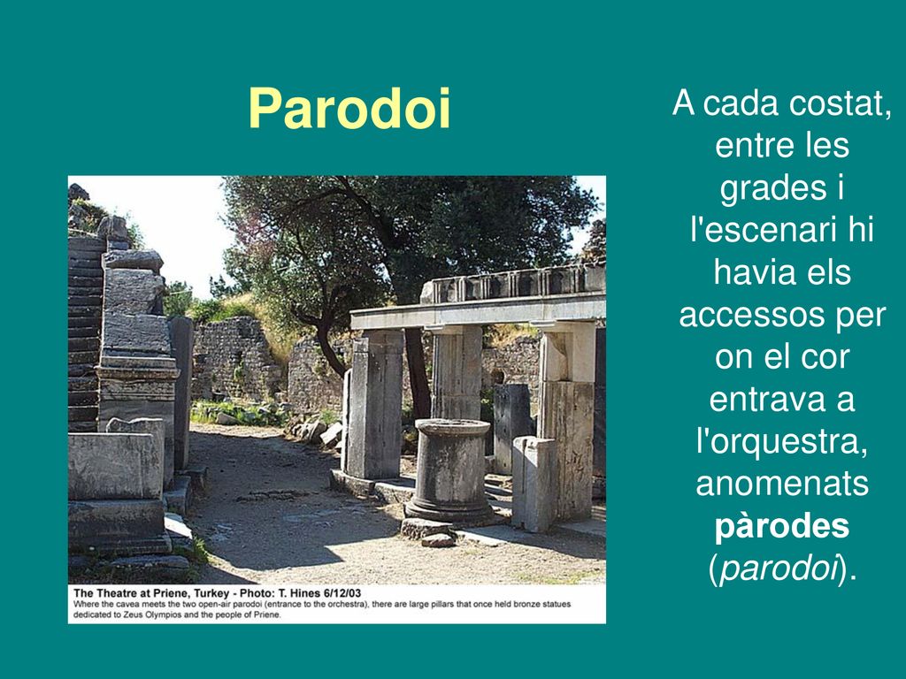 Parodoi A cada costat, entre les grades i l escenari hi havia els accessos per on el cor entrava a l orquestra, anomenats pàrodes (parodoi).