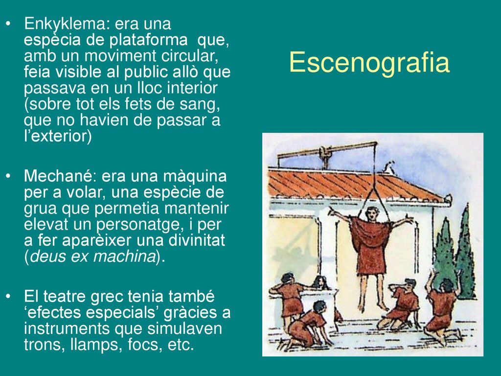 Enkyklema: era una espècia de plataforma que, amb un moviment circular, feia visible al public allò que passava en un lloc interior (sobre tot els fets de sang, que no havien de passar a l’exterior)