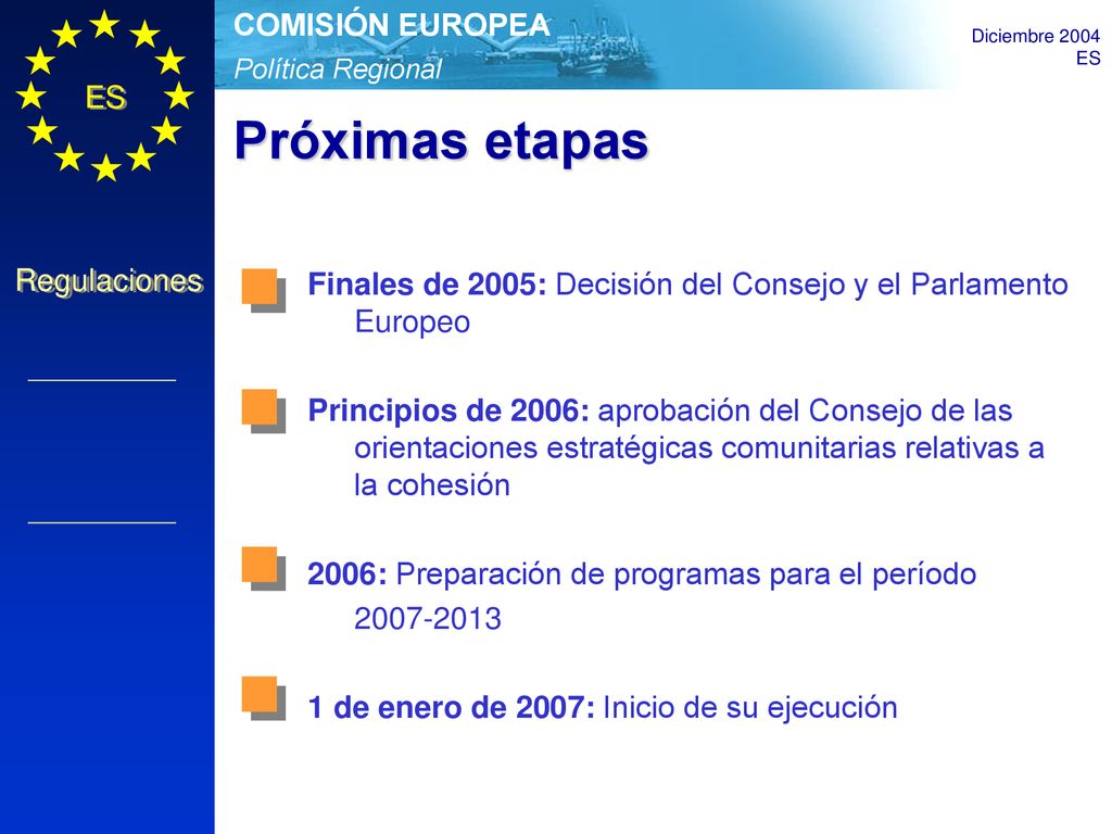 Próximas etapas Finales de 2005: Decisión del Consejo y el Parlamento Europeo.