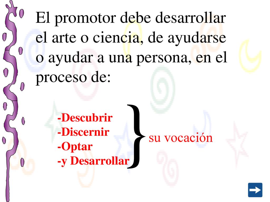 El promotor debe desarrollar el arte o ciencia, de ayudarse o ayudar a una persona, en el proceso de: