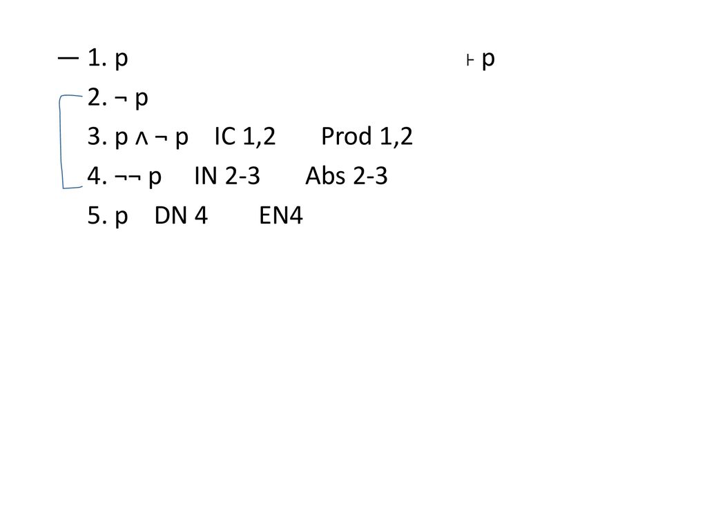 ― 1. p ˫ p 2. ¬ p 3. p ᴧ ¬ p IC 1,2 Prod 1,2 4. ¬¬ p IN 2-3 Abs 2-3 5