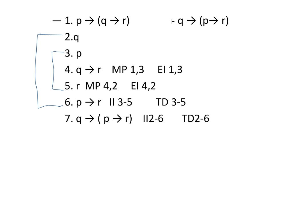 ― 1. p → (q → r) ˫ q → (p→ r) 2. q 3. p 4. q → r MP 1,3 EI 1,3 5