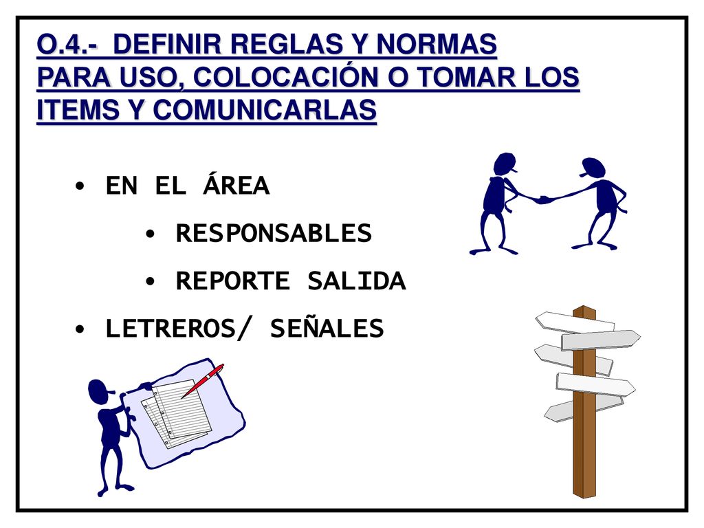 O.4.- DEFINIR REGLAS Y NORMAS PARA USO, COLOCACIÓN O TOMAR LOS ITEMS Y COMUNICARLAS