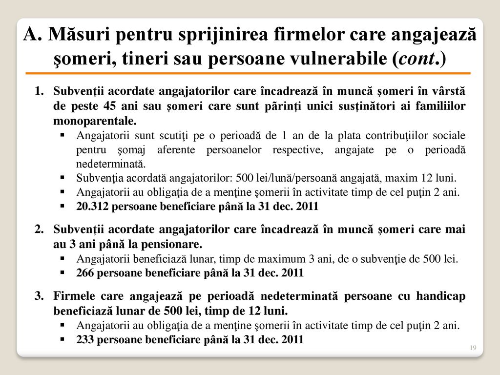 A. Măsuri pentru sprijinirea firmelor care angajează şomeri, tineri sau persoane vulnerabile (cont.)