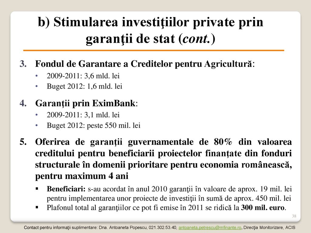 b) Stimularea investiţiilor private prin garanţii de stat (cont.)
