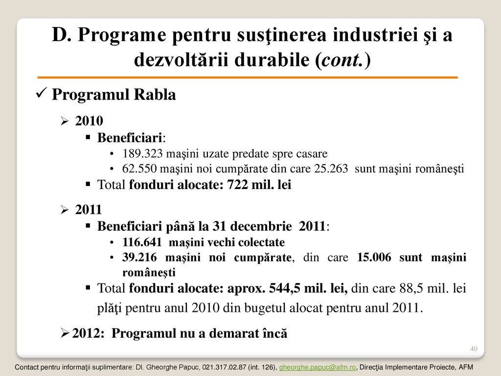 D. Programe pentru susţinerea industriei şi a dezvoltării durabile (cont.)