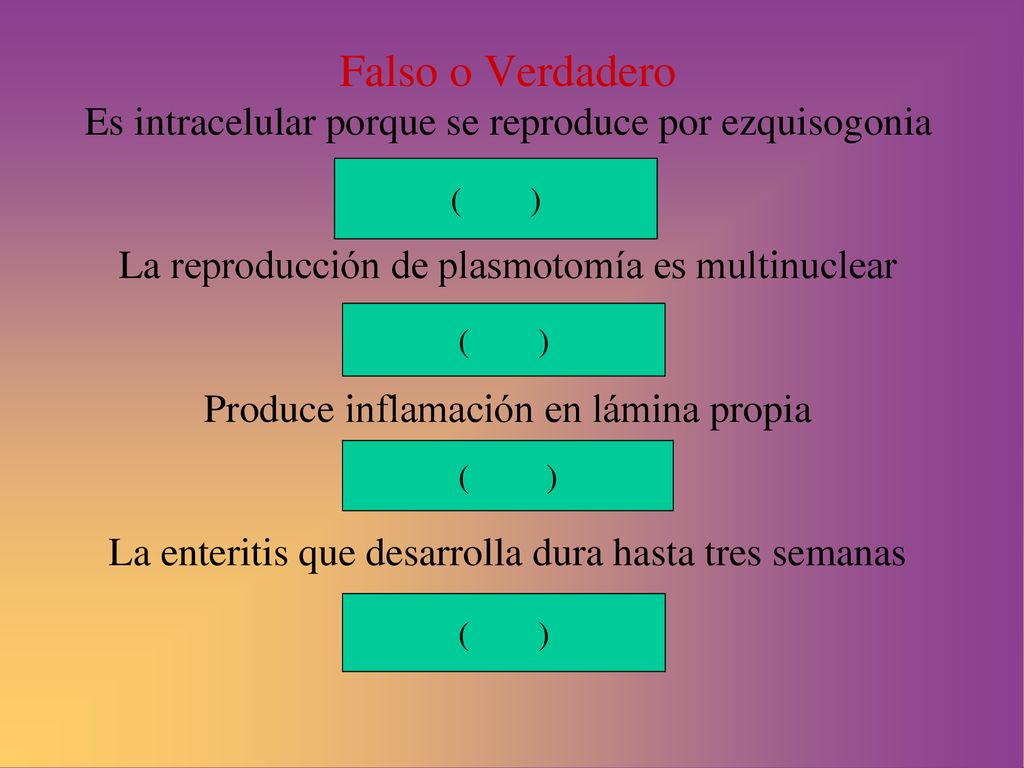 Falso o Verdadero Es intracelular porque se reproduce por ezquisogonia La reproducción de plasmotomía es multinuclear Produce inflamación en lámina propia La enteritis que desarrolla dura hasta tres semanas