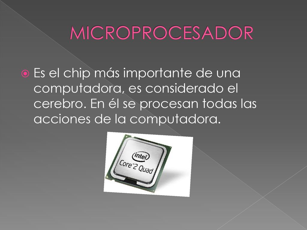 MICROPROCESADOR Es el chip más importante de una computadora, es considerado el cerebro.