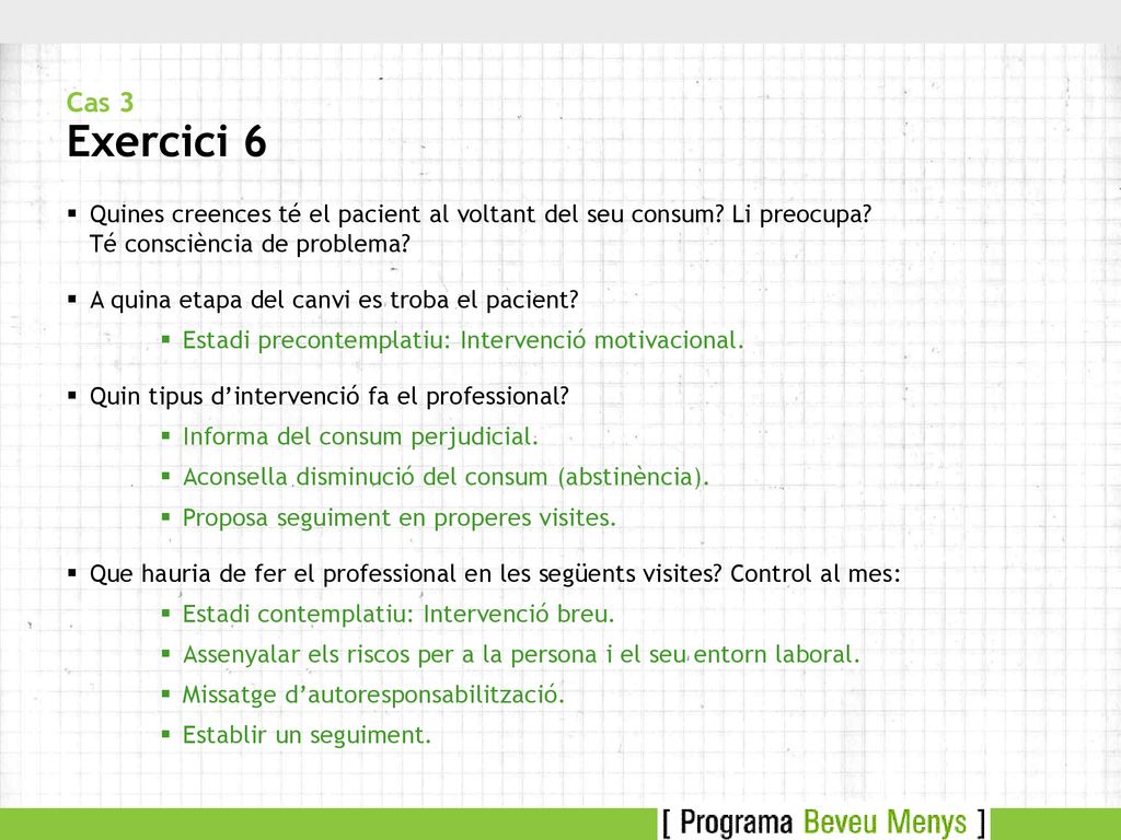 Cas 3 Exercici 6 Quines creences té el pacient al voltant del seu consum Li preocupa Té consciència de problema