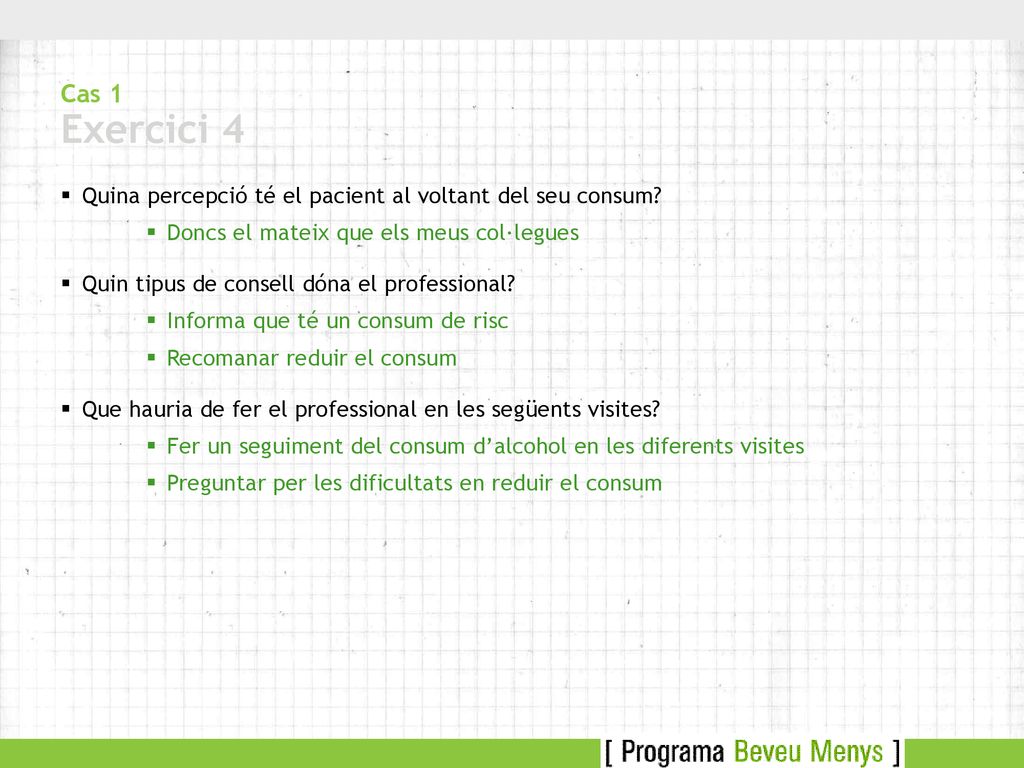 Cas 1 Exercici 4 Quina percepció té el pacient al voltant del seu consum Doncs el mateix que els meus col·legues.