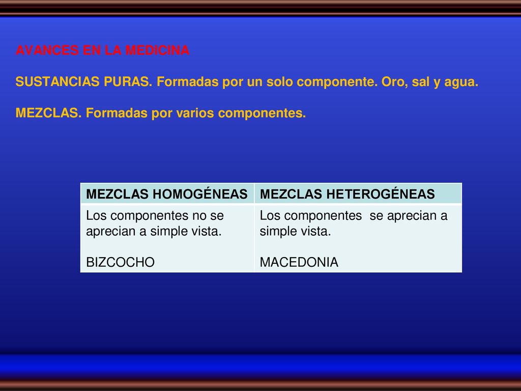 AVANCES EN LA MEDICINA SUSTANCIAS PURAS. Formadas por un solo componente. Oro, sal y agua. MEZCLAS. Formadas por varios componentes.