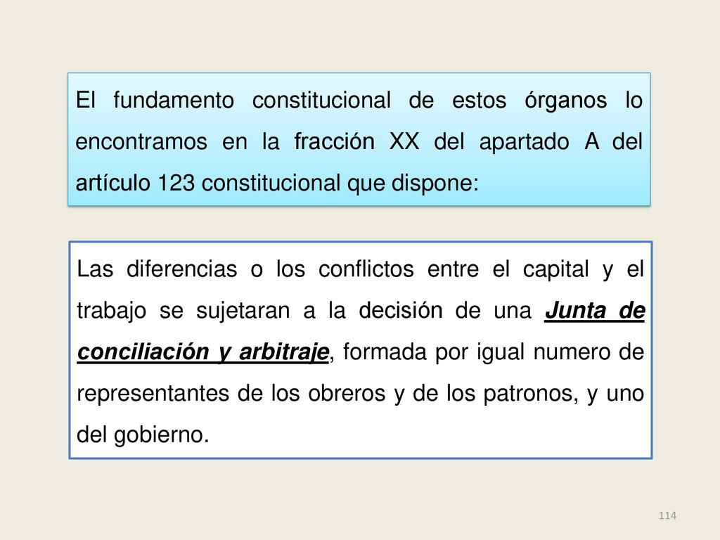 El fundamento constitucional de estos órganos lo encontramos en la fracción XX del apartado A del artículo 123 constitucional que dispone:
