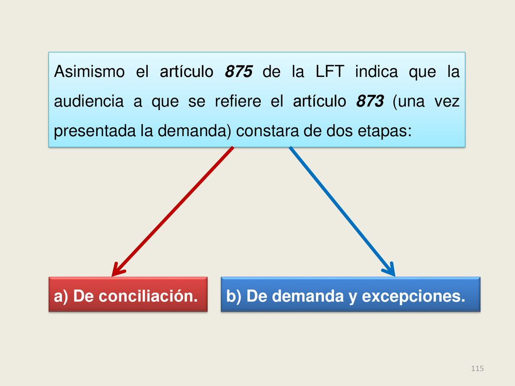Asimismo el artículo 875 de la LFT indica que la audiencia a que se refiere el artículo 873 (una vez presentada la demanda) constara de dos etapas: