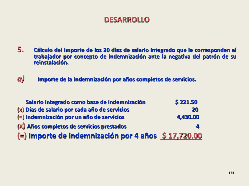 a) Importe de la indemnización por años completos de servicios.