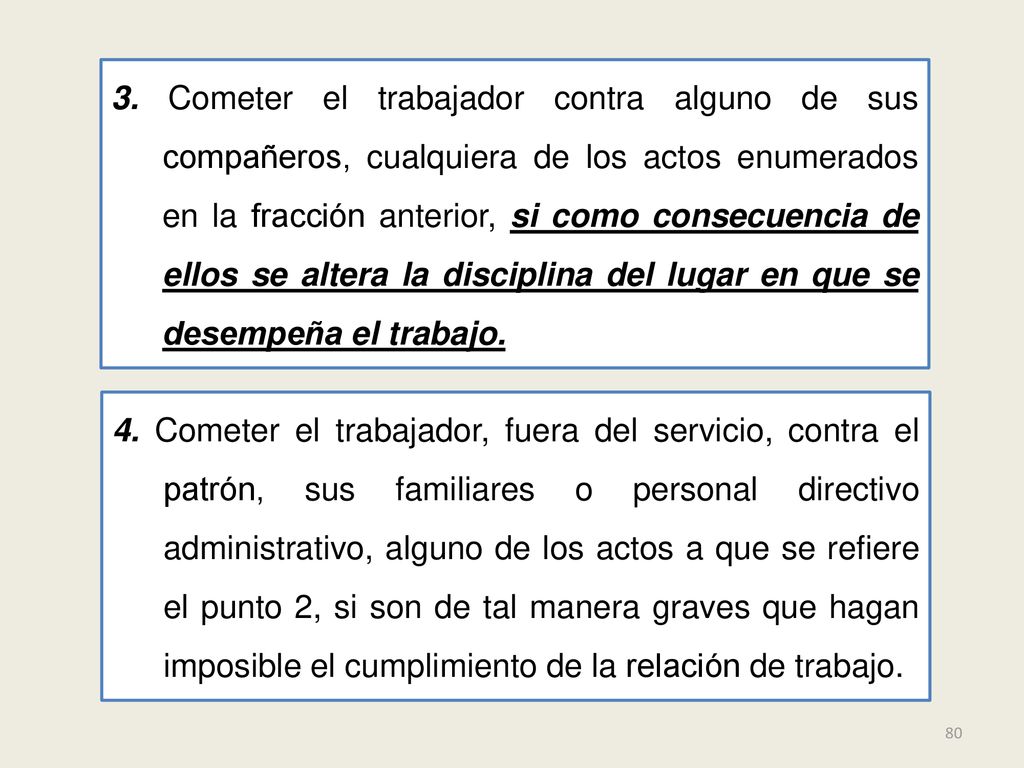 3. Cometer el trabajador contra alguno de sus compañeros, cualquiera de los actos enumerados en la fracción anterior, si como consecuencia de ellos se altera la disciplina del lugar en que se desempeña el trabajo.